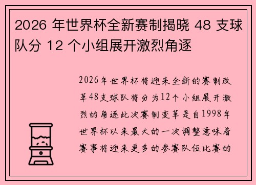 2026 年世界杯全新赛制揭晓 48 支球队分 12 个小组展开激烈角逐