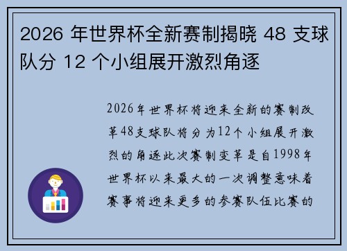 2026 年世界杯全新赛制揭晓 48 支球队分 12 个小组展开激烈角逐 2026 年世界杯全新赛制揭晓 48 支球队分 12 个小组展开激烈角逐